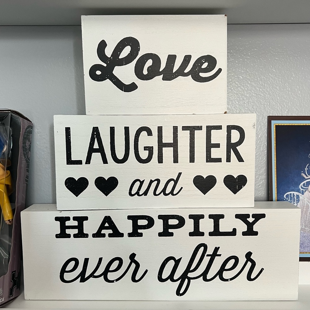Love, Laughter and Happily ever after wooden signs